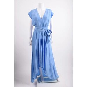Ramy Brook Maxi Dress Womens 6 Blue Belted High Low Pleated Fairy Rebecca Satin
